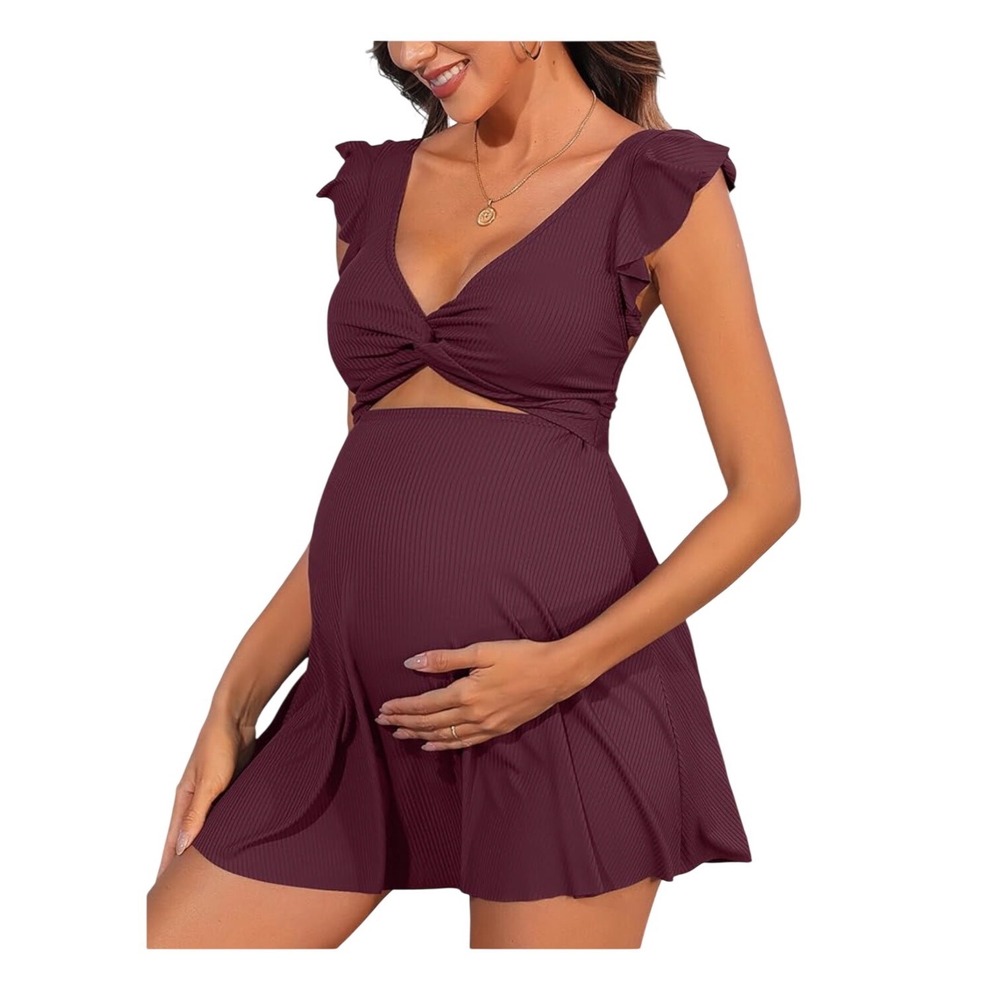 Charmo Womens Maternity Swim Dress Burgundy Ribbed Flutter Sleeve Twist Front M